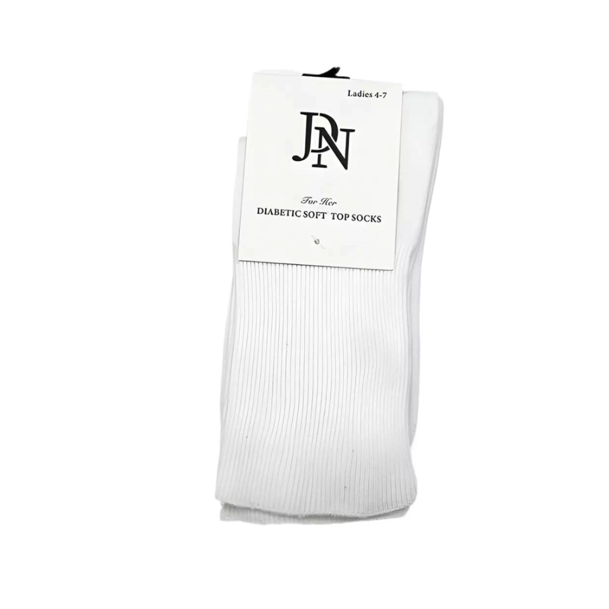 Ladies JDN branded white diabetic socks with non-elastic soft top for comfort and circulation support